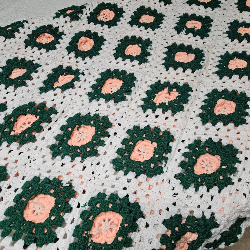 Vintage Handmade Crochet 3D Rose Granny Square Afghan Throw Blanket 108" x 66” - Picture 6 of 10